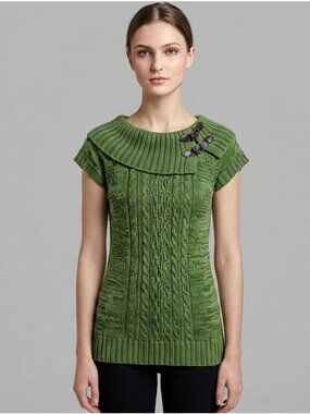 Isela Cable Knit Cap Sleeve Tunic Sweater Womens S Moss Green Academic Layer